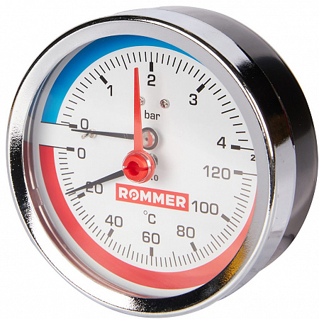 Термоманометр Rommer аксиальный с запорным клапаном, корпус Dn 80 мм, 1/2", 120°C, 4 бар.