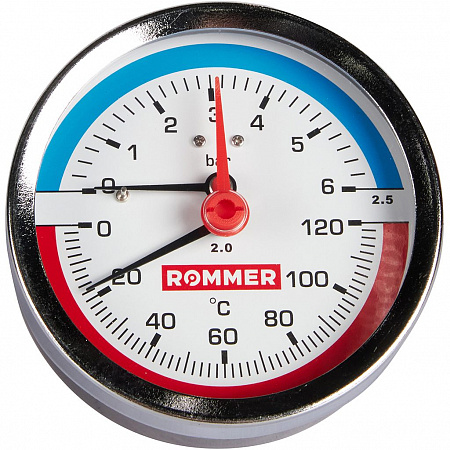 Термоманометр Rommer аксиальный с запорным клапаном, корпус Dn 80 мм, 1/2", 120°C, 6 бар.