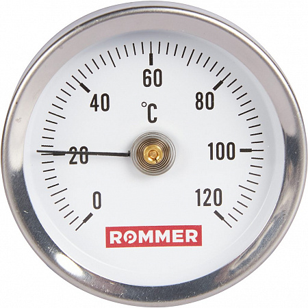 Термометр биметаллический Rommer накладной с пружиной, корпус Dn 63 мм, 120°С, 1-2
