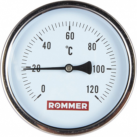 Термометр биметаллический Rommer с погружной гильзой, корпус Dn 100 мм, гильза 75 мм, 1/2", 120°С