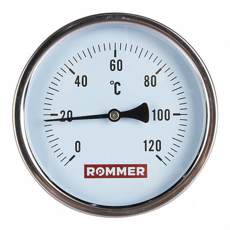 Термометр биметаллический Rommer с погружной гильзой, корпус Dn 100 мм, гильза 100 мм, 1/2", 120°С