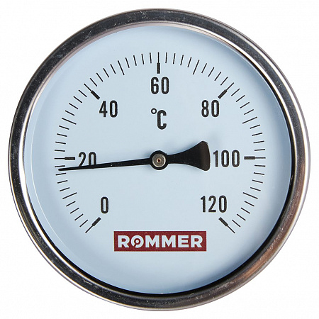 Термометр биметаллический Rommer с погружной гильзой, корпус Dn 100 мм, гильза 50 мм, 1/2", 120°С
