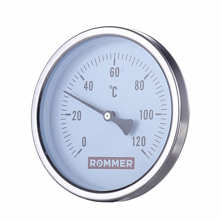 Термометр биметаллический Rommer с погружной гильзой, корпус Dn 80 мм, гильза 50 мм, 1/2", 120°С