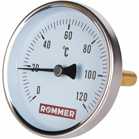 Термометр биметаллический Rommer с погружной гильзой, корпус Dn 80 мм, гильза 75 мм, 1/2", 120°С
