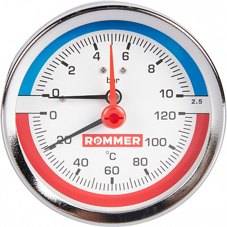 Термоманометр Rommer аксиальный с запорным клапаном, корпус Dn 80 мм, 1/2", 120°C, 10 бар.