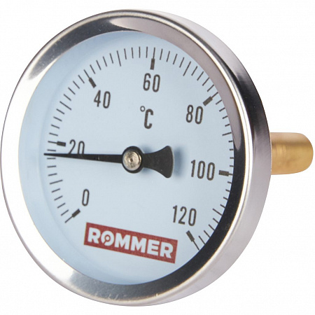 Термометр биметаллический Rommer с погружной гильзой, корпус Dn 63 мм, гильза 75 мм, 1/2", 120°С