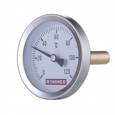 Термометр биметаллический Rommer с погружной гильзой, корпус Dn 80 мм, гильза 100 мм, 1/2", 120°С